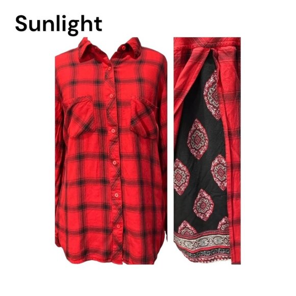 SOHO Women SZ M Red Plaid Button Up Lightweith Shirt Slit Insert Back Casual - Picture 1 of 14